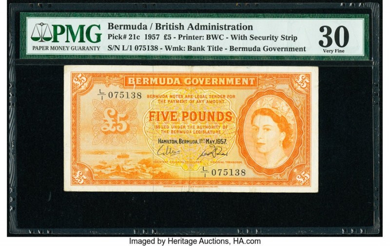 Bermuda Bermuda Government 5 Pounds 1.5.1957 Pick 21c PMG Very Fine 30. Tear.

H...
