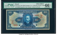 Brazil Thesouro Nacional 10 Mil Reis ND (1925) Pick 39s Specimen PMG Gem Uncirculated 66 EPQ. Cancelled with 2 punch holes. 

HID09801242017

© 2020 H...