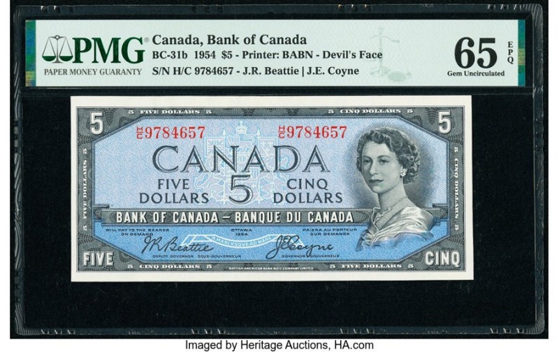 Canada Bank of Canada $5 1954 Pick 68b BC-31b "Devil's Face" PMG Gem Uncirculate...