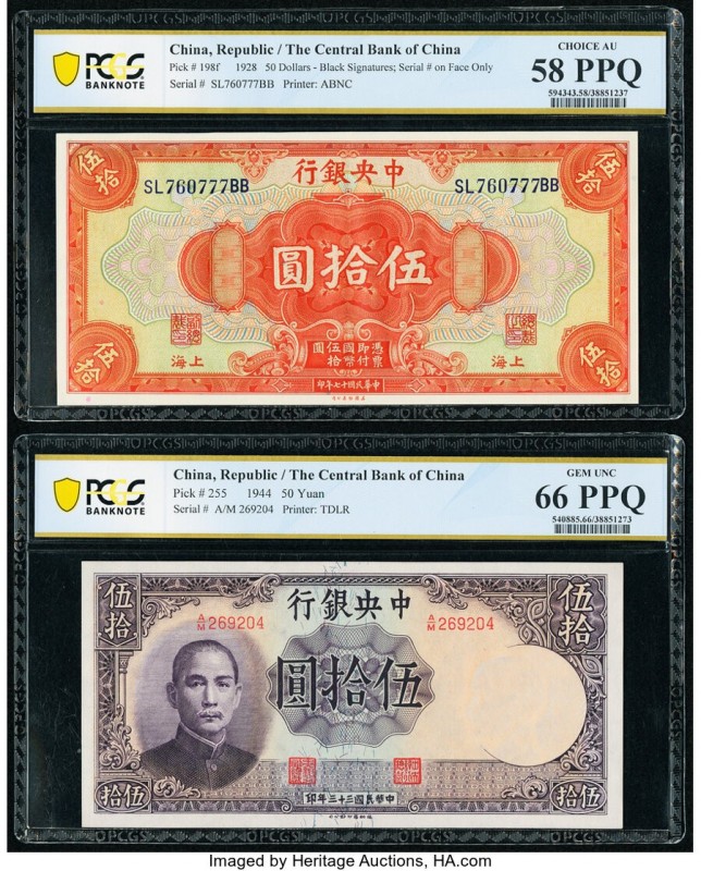 China Central Bank of China 50 Dollars; 50 Yuan 1928; 1944 Pick 198f; 255 Two Ex...