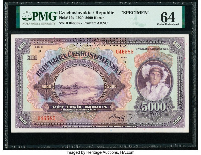 Czechoslovakia Republika Ceskoslovenska 5000 Korun 1920 Pick 19s Specimen PMG Ch...