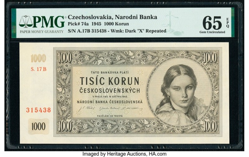Czechoslovakia Narodni Banka Ceskoslovenska 1000 Korun 1945 Pick 74a PMG Gem Unc...