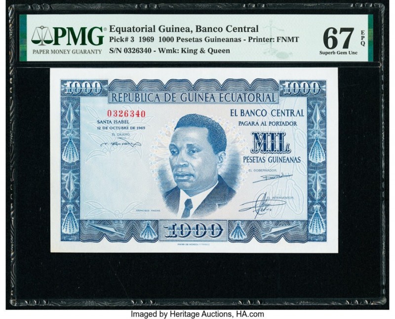 Equatorial Guinea Banco Central 1000 Pesetas Guineanas 12.10.1969 Pick 3 PMG Sup...
