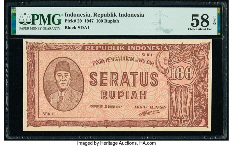 Indonesia Republik Indonesia 100 Rupiah 26.7.1947 Pick 29 PMG Choice About Unc 5...