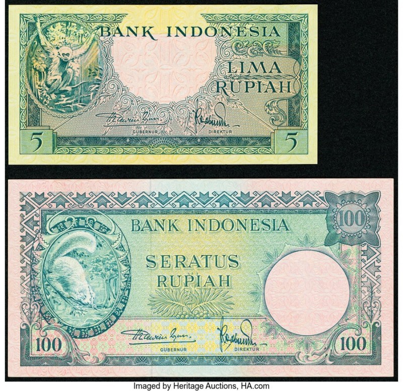 Indonesia Bank Indonesia 5; 100 Rupiah ND (1957) Pick 49; 51Two Examples Crisp U...