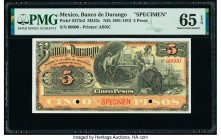 Mexico Banco de Durango 5 Pesos 1891-1913 Pick S273s3 s M332s Specimen PMG Gem Uncirculated 65 EPQ. Cancelled with 2 punch holes.

HID09801242017

© 2...