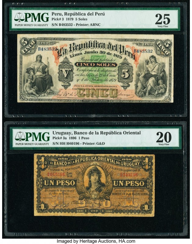 Peru Republica Del Peru 5 Soles 4.2.1879 Pick 3 PMG Very Fine 25; Uruguay Banco ...