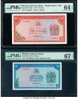 Rhodesia Reserve Bank of Rhodesia 2; 1 Dollars 1977; 1979 Pick 35b* Replacement; 38a Two Examples PMG Choice Uncirculated 64 EPQ; Superb Gem Unc 67 EP...