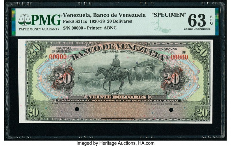Venezuela Banco de Venezuela 20 Bolivares 1930-38 Pick S311s Specimen PMG Choice...