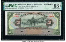 Venezuela Banco de Venezuela 20 Bolivares 1930-38 Pick S311s Specimen PMG Choice Uncirculated 63 EPQ. Cancelled with 2 punch holes. 

HID09801242017

...