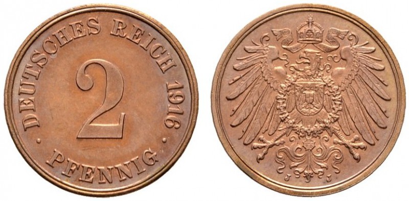 Kleinmünzen
2 Pfennig 1916 J. J. 11.
fein zaponiert, Polierte Platte