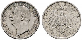 Silbermünzen des Kaiserreiches
Anhalt
Friedrich II. 1904-1918. 2 Mark 1904 A. Regierungsantritt. J. 22.
sehr schön