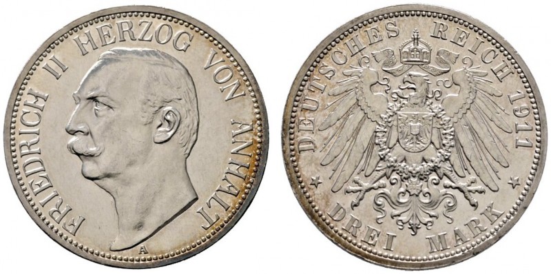 Silbermünzen des Kaiserreiches
Anhalt
Friedrich II. 1904-1918. 3 Mark 1911 A. ...