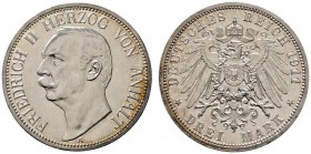 Silbermünzen des Kaiserreiches
Anhalt
Friedrich II. 1904-1918. 3 Mark 1911 A. J. 23.
Polierte Platte-minimal berührt