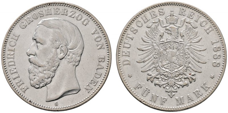 Silbermünzen des Kaiserreiches
Baden
Friedrich I. 1852-1907. 5 Mark 1888 G. Oh...