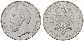 Silbermünzen des Kaiserreiches
Baden
Friedrich I. 1852-1907. 5 Mark 1888 G. Ohne Querstrich im A von BADEN; zusätzliche Variante: das zweite R in FR...