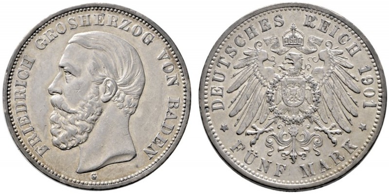 Silbermünzen des Kaiserreiches
Baden
Friedrich I. 1852-1907. 5 Mark 1901 G. J....