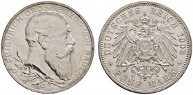 Silbermünzen des Kaiserreiches
Baden
Friedrich I. 1852-1907. 5 Mark 1902. Regierungsjubiläum. J. 31.
fast Stempelglanz