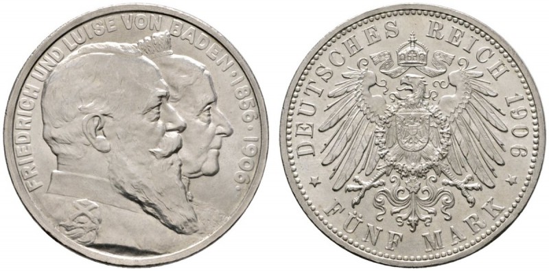 Silbermünzen des Kaiserreiches
Baden
Friedrich I. 1852-1907. 5 Mark 1906. Gold...