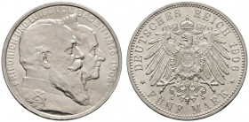 Silbermünzen des Kaiserreiches
Baden
Friedrich I. 1852-1907. 5 Mark 1906. Goldene Hochzeit. J. 35.
Prachtexemplar, Stempelglanz