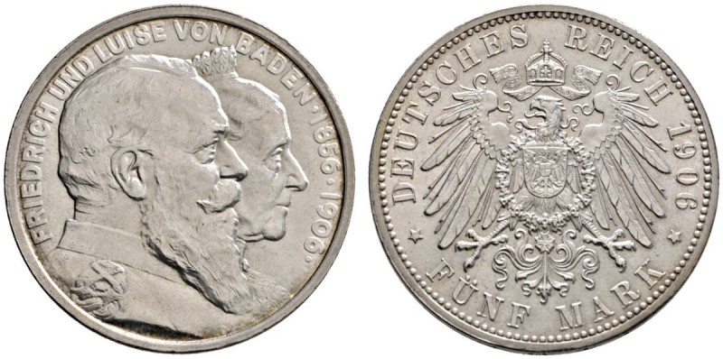 Silbermünzen des Kaiserreiches
Baden
Friedrich I. 1852-1907. 5 Mark 1906. Gold...