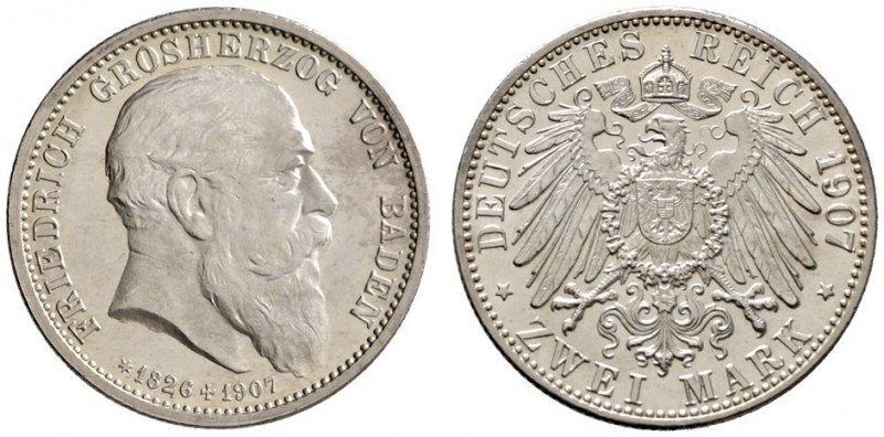 Silbermünzen des Kaiserreiches
Baden
Friedrich I. 1852-1907. 2 Mark 1907. Auf ...