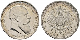 Silbermünzen des Kaiserreiches
Baden
Friedrich I. 1852-1907. 5 Mark 1907. Auf seinen Tod. J. 37.
Prachtexemplar mit leichter Tönung, Erstabschlag, ...