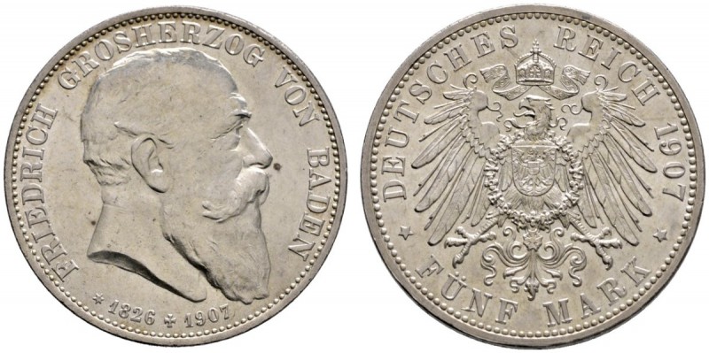 Silbermünzen des Kaiserreiches
Baden
Friedrich I. 1852-1907. 5 Mark 1907. Auf ...
