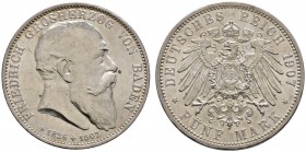Silbermünzen des Kaiserreiches
Baden
Friedrich I. 1852-1907. 5 Mark 1907. Auf seinen Tod. J. 37.
vorzüglich-Stempelglanz