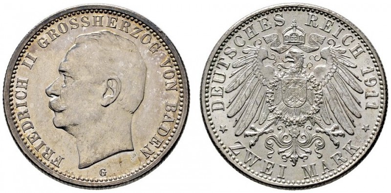 Silbermünzen des Kaiserreiches
Baden
Friedrich II. 1907-1918. 2 Mark 1911 G. J...