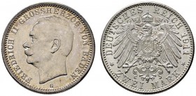 Silbermünzen des Kaiserreiches
Baden
Friedrich II. 1907-1918. 2 Mark 1911 G. J. 38.
Prachtexemplar mit leichter Tönung, fast Stempelglanz