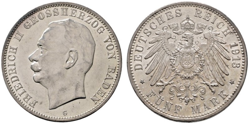 Silbermünzen des Kaiserreiches
Baden
Friedrich II. 1907-1918. 5 Mark 1913 G. J...