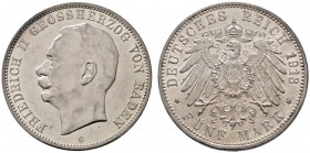 Silbermünzen des Kaiserreiches
Baden
Friedrich II. 1907-1918. 5 Mark 1913 G. J. 40.
winzige Kratzer, vorzüglich-Stempelglanz