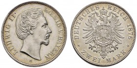 Silbermünzen des Kaiserreiches
Bayern
Ludwig II. 1864-1886. 2 Mark 1876 D. J. 41.
Prachtexemplar, winzige Haarlinien auf dem Avers, fast Stempelgla...