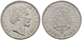 Silbermünzen des Kaiserreiches
Bayern
Ludwig II. 1864-1886. 5 Mark 1876 D. J. 42.
vorzüglich/fast Stempelglanz