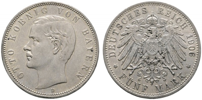 Silbermünzen des Kaiserreiches
Bayern
Otto 1888-1913. 5 Mark 1906 D. J. 46.
b...