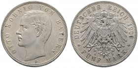 Silbermünzen des Kaiserreiches
Bayern
Otto 1888-1913. 5 Mark 1906 D. J. 46.
besserer Jahrgang, winzige Randfehler, vorzüglich