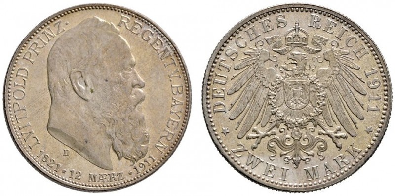 Silbermünzen des Kaiserreiches
Bayern
Luitpold, Prinzregent 1911. 2 Mark 1911 ...