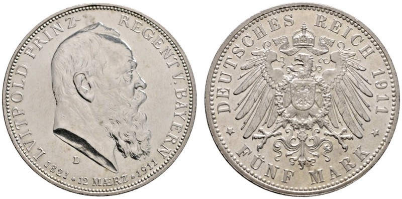 Silbermünzen des Kaiserreiches
Bayern
Luitpold, Prinzregent 1911. 5 Mark 1911 ...