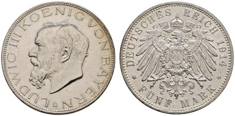 Silbermünzen des Kaiserreiches
Bayern
Ludwig III. 1913-1918. 5 Mark 1914 D. J....