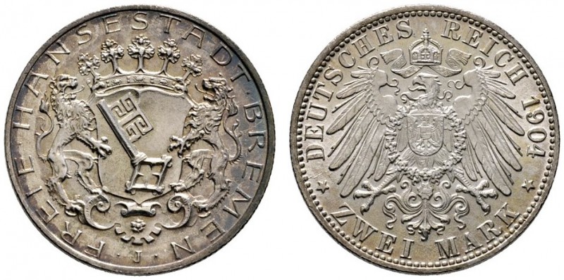 Silbermünzen des Kaiserreiches
Bremen
2 Mark 1904 J. J. 59.
Prachtexemplar mi...