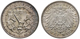 Silbermünzen des Kaiserreiches
Bremen
2 Mark 1904 J. J. 59.
Prachtexemplar mit feiner Patina, fast Stempelglanz