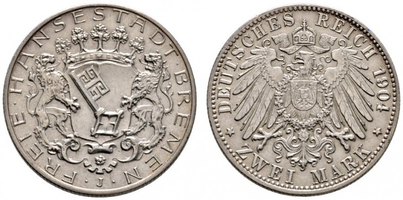 Silbermünzen des Kaiserreiches
Bremen
2 Mark 1904 J. J. 59.
vorzüglich-Stempe...