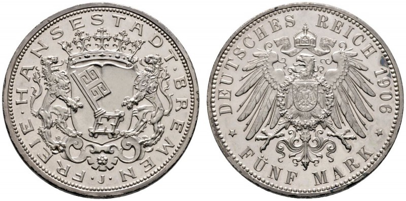 Silbermünzen des Kaiserreiches
Bremen
5 Mark 1906 J. J. 60.
fein zaponiertes ...