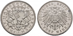 Silbermünzen des Kaiserreiches
Bremen
5 Mark 1906 J. J. 60.
fein zaponiertes Prachtexemplar, Polierte Platte
Aus Sammlung Dr. Lutz.
