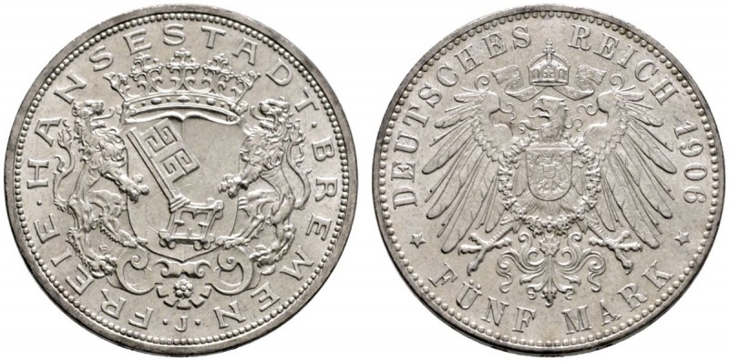 Silbermünzen des Kaiserreiches
Bremen
5 Mark 1906 J. J. 60.
minimaler Kratzer...