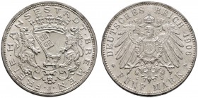 Silbermünzen des Kaiserreiches
Bremen
5 Mark 1906 J. J. 60.
minimaler Kratzer auf dem Avers, vorzüglich-Stempelglanz