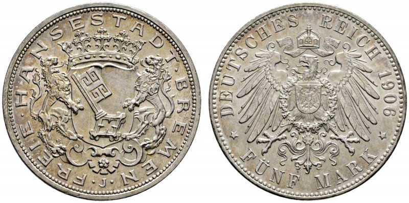 Silbermünzen des Kaiserreiches
Bremen
5 Mark 1906 J. J. 60.
leichte Tönung, w...