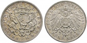 Silbermünzen des Kaiserreiches
Bremen
5 Mark 1906 J. J. 60.
leichte Tönung, winzige Randfehler, vorzüglich-Stempelglanz