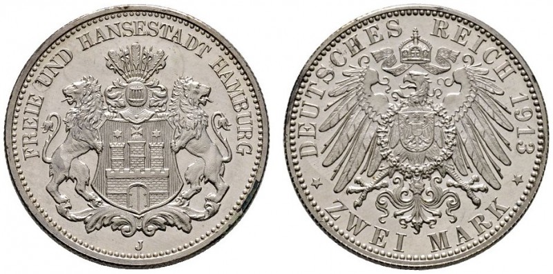 Silbermünzen des Kaiserreiches
Hamburg
2 Mark 1913 J. J. 63.
fein zaponiert, ...